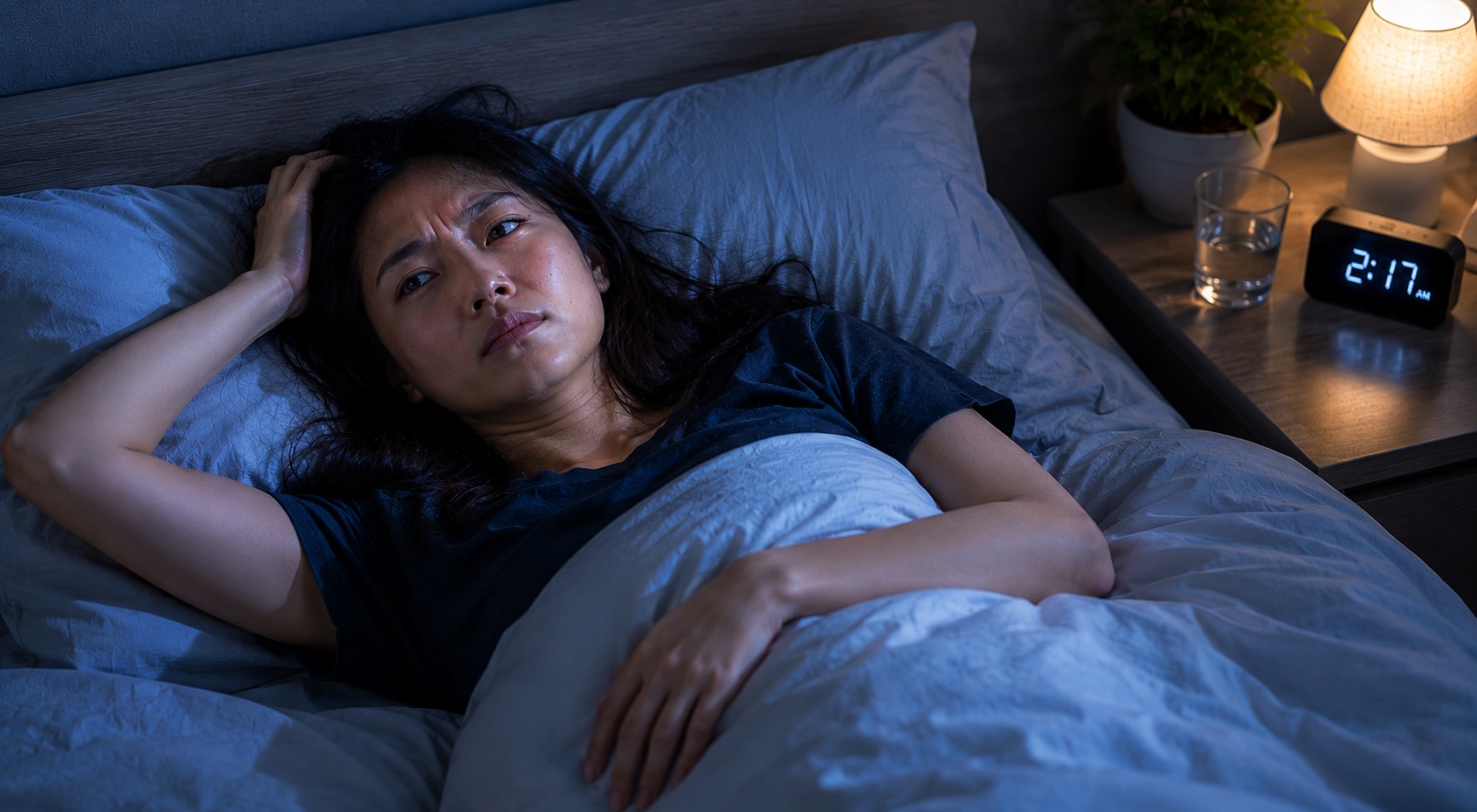A woman lying awake in bed at night, unable to sleep